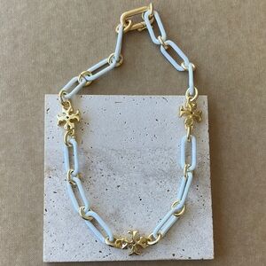 Tory Burch Gold and White Link Necklace with Decorative Cross Accents